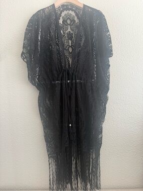 Black Lace Fringe Swim Coverup Kimono